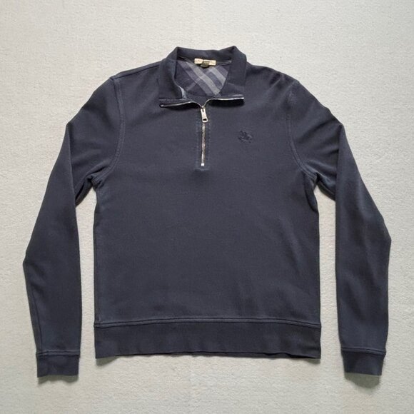 Burberry Brit Sweatshirt Med Navy Blue 1/4 Zip Sweater Logo Pima Cotton Peru - Picture 2 of 7